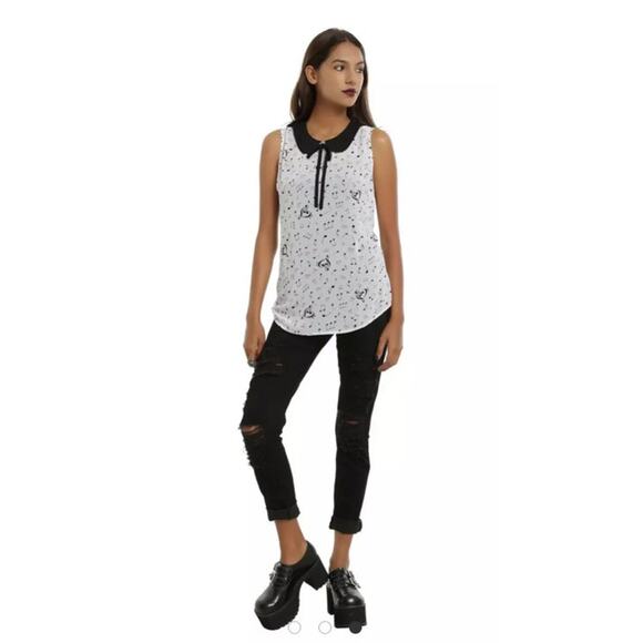 HOT TOPIC Music Note Peter Pan Collar Tie Front Sleeveless Chiffon Blouse ~ MED - Picture 3 of 8